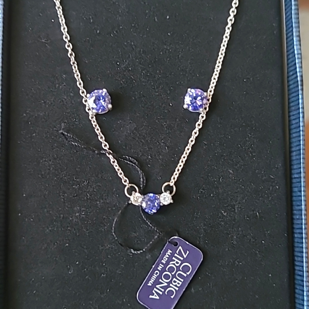 Sterling Silver Necklace & Earrings Set Blue Sapphire Cubic Zirconia Diamond